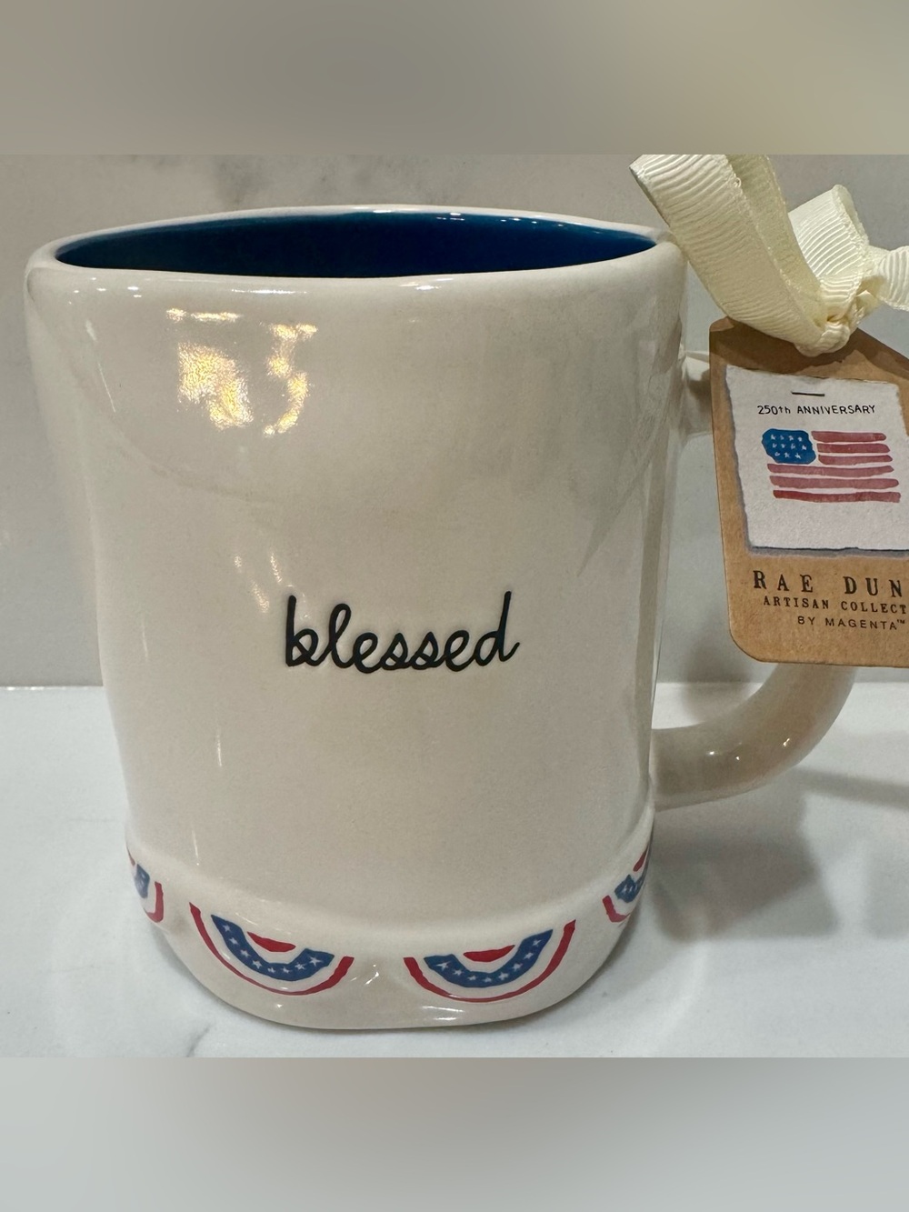 Rae Dunn Patriotic Coffee Mug “Blessed” w/Red White Blue Bunting around Bottom